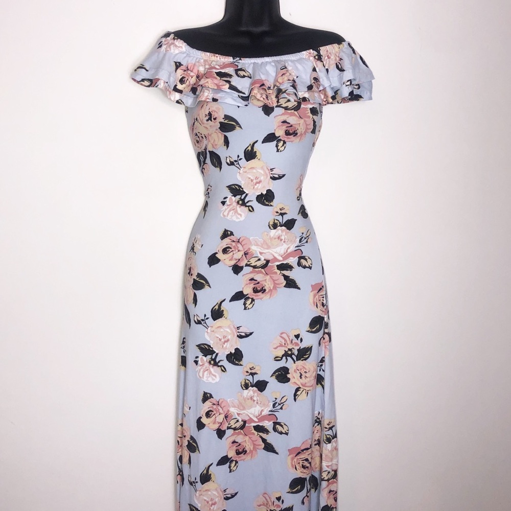 Blue Flora Off The Shoulder Dress